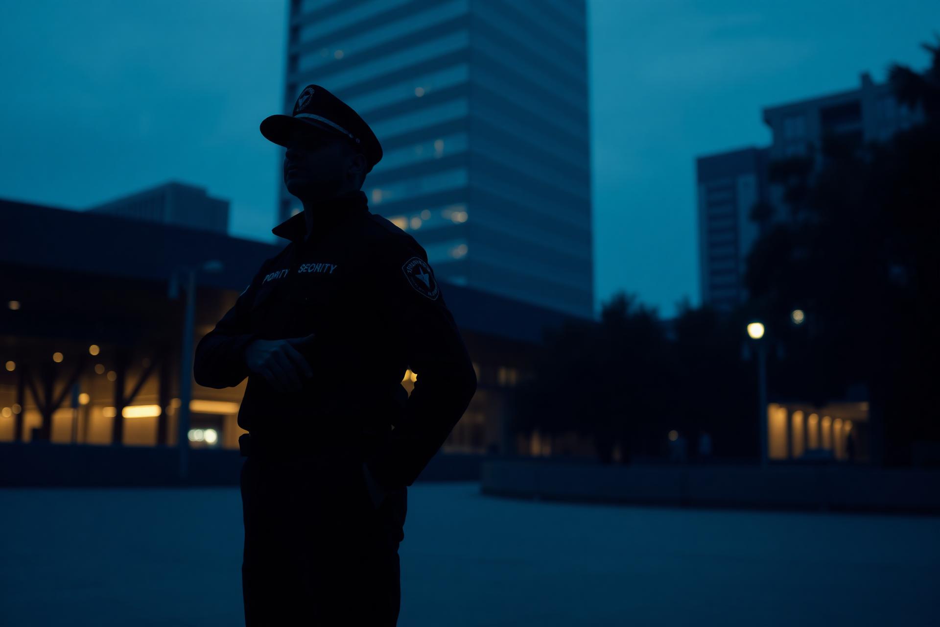 Elemento de seguridad privada GSE frente a corporativo en Ciudad de México al atardecer